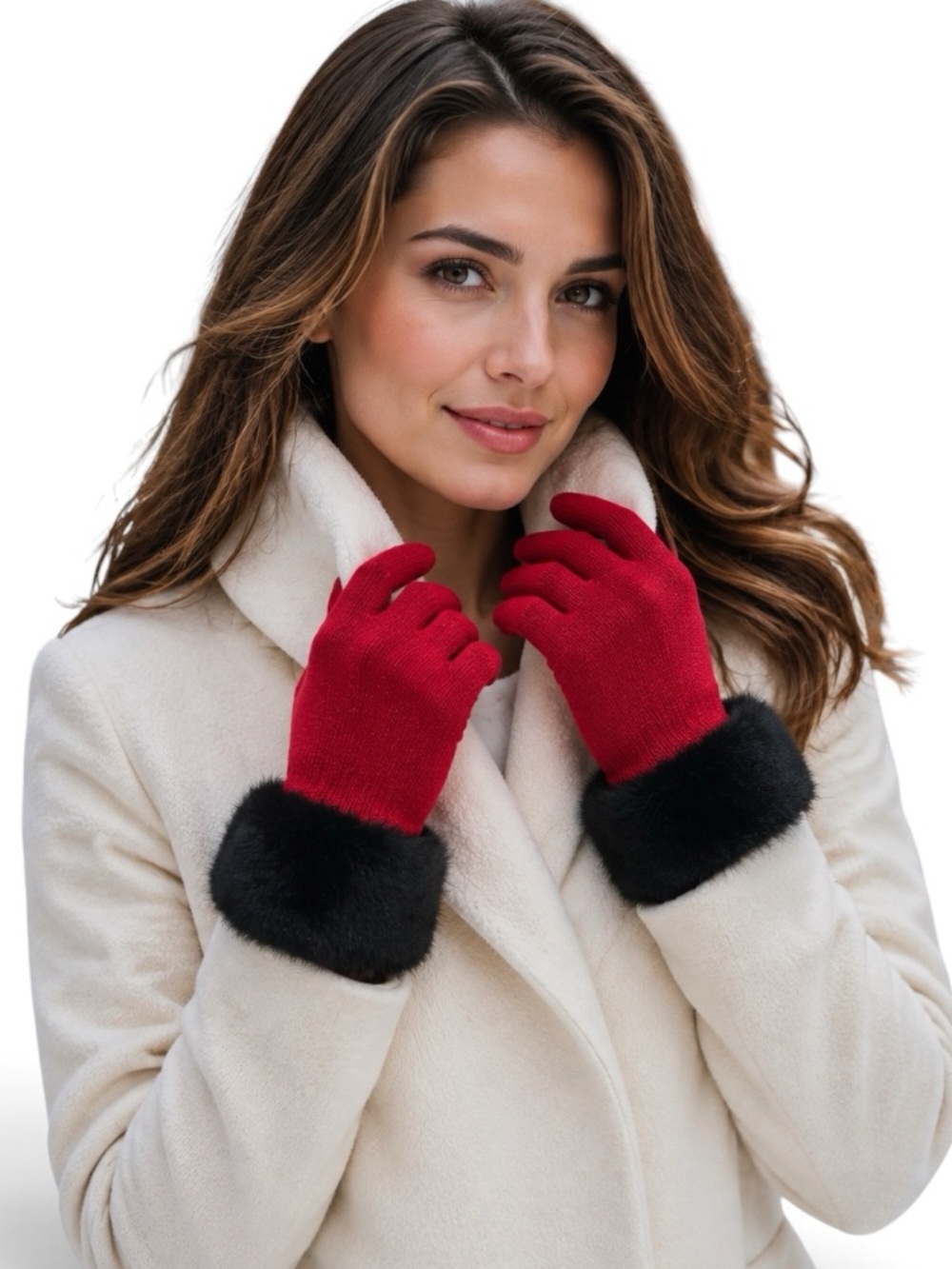 Portolano Red Soft Lambswool Knit Gloves Black Faux Fur Cuffs NWT